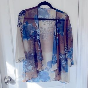 Chico’s  open front sheer cover up. Flowing blue and brown polyester.